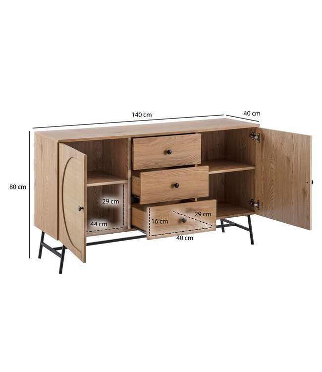 Wohnling dressoir 140x80x40 cm ladekast eiken decor met rotanweefsel moderne, hoge ladekast, staande kast met 2 deuren en 3 laden, dressoir woonkamer