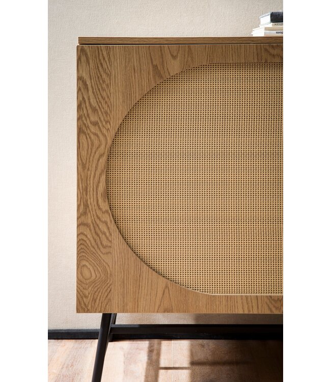 Wohnling dressoir 140x80x40 cm ladekast eiken decor met rotanweefsel moderne, hoge ladekast, staande kast met 2 deuren en 3 laden, dressoir woonkamer