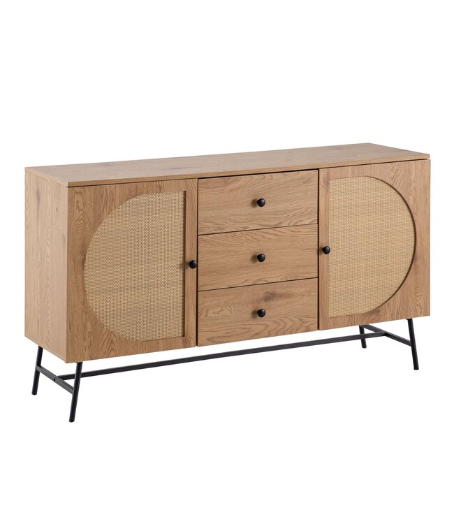 Wohnling dressoir 140x80x40 cm ladekast eiken decor met rotanweefsel moderne, hoge ladekast, staande kast met 2 deuren en 3 laden, dressoir woonkamer