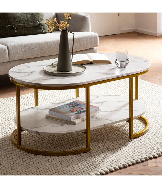 Wohnling salontafel 100x60x45 cm wit met marmerlook, design woonkamertafel rechthoekig, loungebanktafel met plank, moderne salontafel met gouden metalen frame