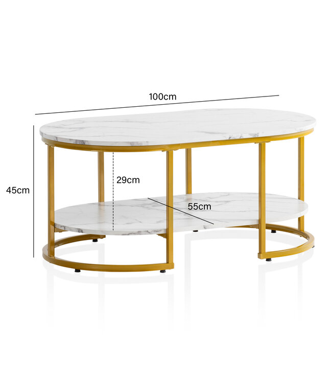 Wohnling salontafel 100x60x45 cm wit met marmerlook, design woonkamertafel rechthoekig, loungebanktafel met plank, moderne salontafel met gouden metalen frame
