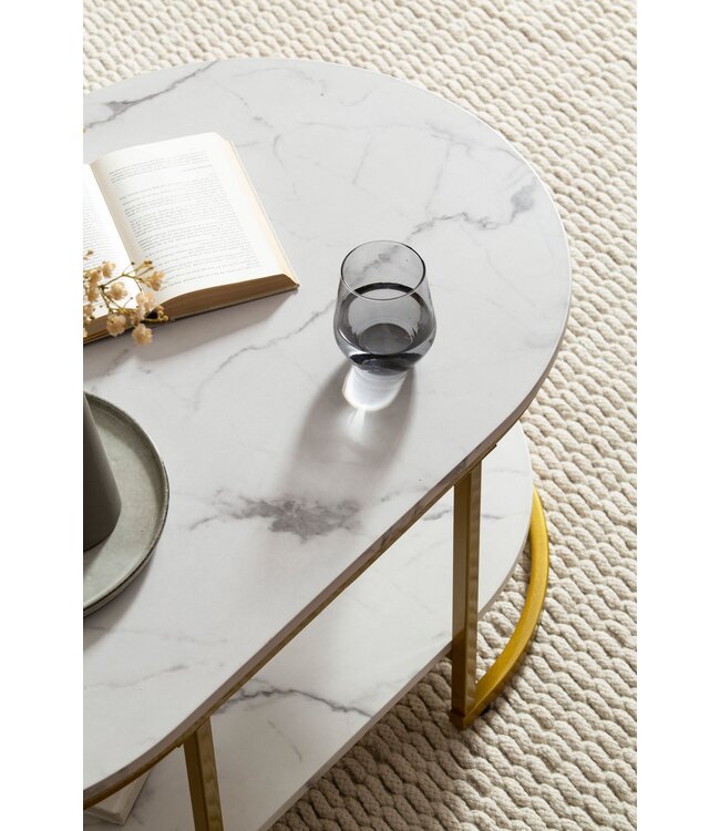 Wohnling salontafel 100x60x45 cm wit met marmerlook, design woonkamertafel rechthoekig, loungebanktafel met plank, moderne salontafel met gouden metalen frame