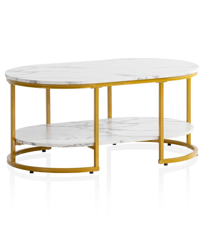 Wohnling salontafel 100x60x45 cm wit met marmerlook, design woonkamertafel rechthoekig, loungebanktafel met plank, moderne salontafel met gouden metalen frame