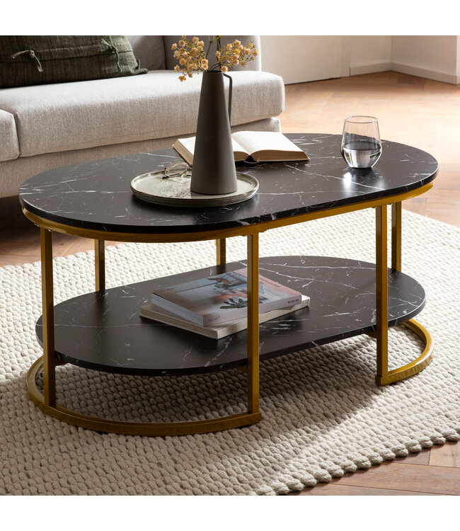 Wohnling salontafel 100x60x45 cm zwart met marmerlook, design woonkamertafel rechthoekig, loungebanktafel met plank, moderne salontafel met gouden metalen frame