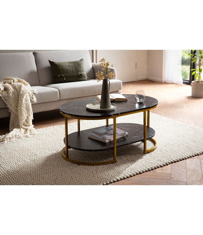 Wohnling salontafel 100x60x45 cm zwart met marmerlook, design woonkamertafel rechthoekig, loungebanktafel met plank, moderne salontafel met gouden metalen frame