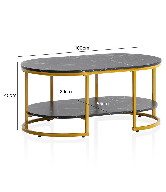 Wohnling salontafel 100x60x45 cm zwart met marmerlook, design woonkamertafel rechthoekig, loungebanktafel met plank, moderne salontafel met gouden metalen frame