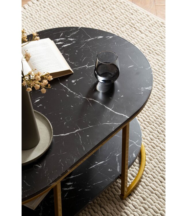 Wohnling salontafel 100x60x45 cm zwart met marmerlook, design woonkamertafel rechthoekig, loungebanktafel met plank, moderne salontafel met gouden metalen frame