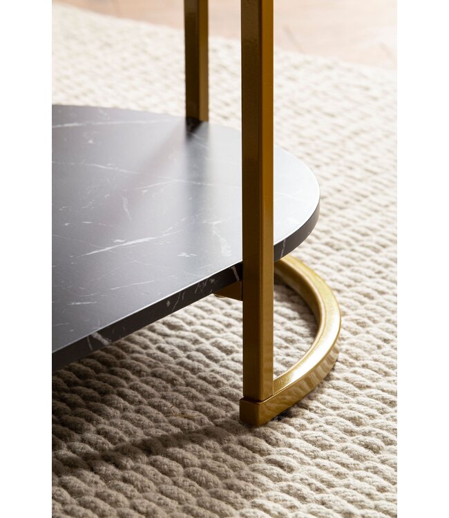 Wohnling salontafel 100x60x45 cm zwart met marmerlook, design woonkamertafel rechthoekig, loungebanktafel met plank, moderne salontafel met gouden metalen frame