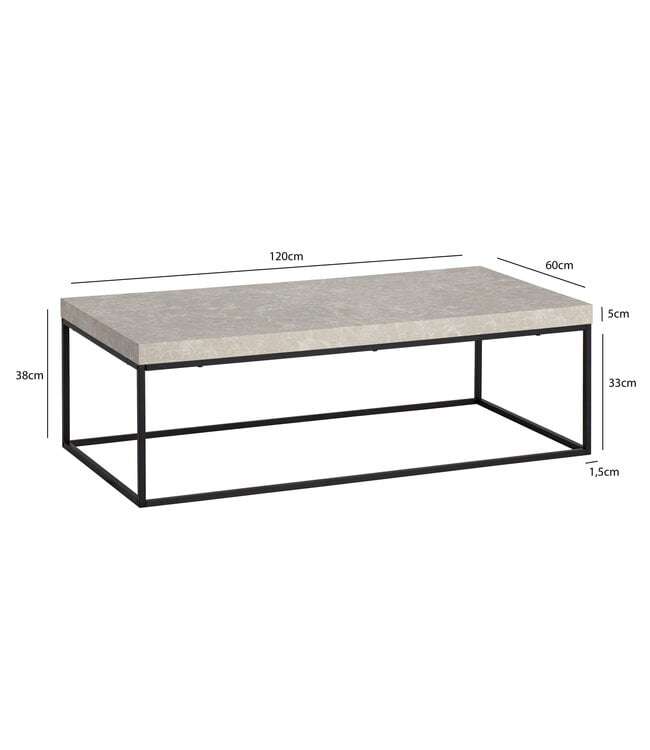 Wohnling salontafel 120x60x38 cm zandkleurige salontafel in steenlook modern, design woonkamertafel rechthoekig, lounge salontafel beige, salontafel metalen poten groot