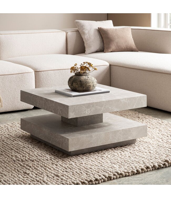 Wohnling salontafel 60x60x34 cm zandkleurige salontafel in steenlook modern, design woonkamertafel met opbergruimte vierkant, loungebank tafel beige, salontafel klein