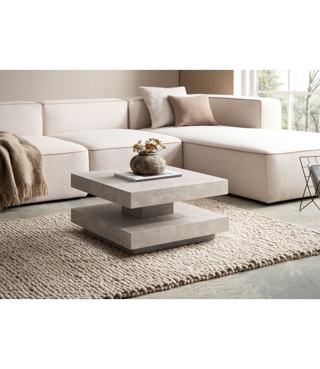 Wohnling salontafel 60x60x34 cm zandkleurige salontafel in steenlook modern, design woonkamertafel met opbergruimte vierkant, loungebank tafel beige, salontafel klein