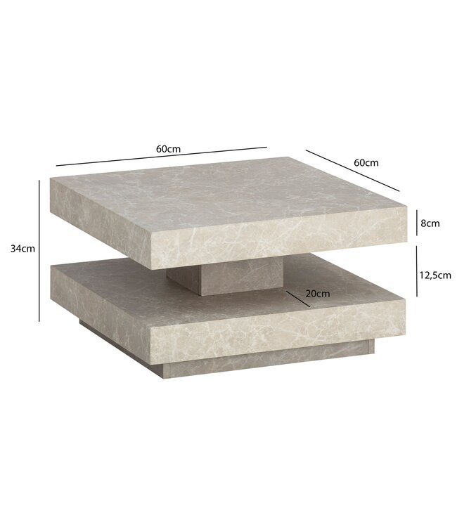 Wohnling salontafel 60x60x34 cm zandkleurige salontafel in steenlook modern, design woonkamertafel met opbergruimte vierkant, loungebank tafel beige, salontafel klein