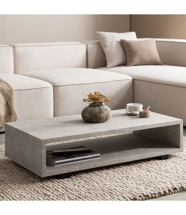 Wohnling salontafel 100x50x25 cm zandkleurige salontafel in steenlook modern, design woonkamertafel rechthoekig met opbergruimte, salontafel beige eenvoudig, salontafel groot
