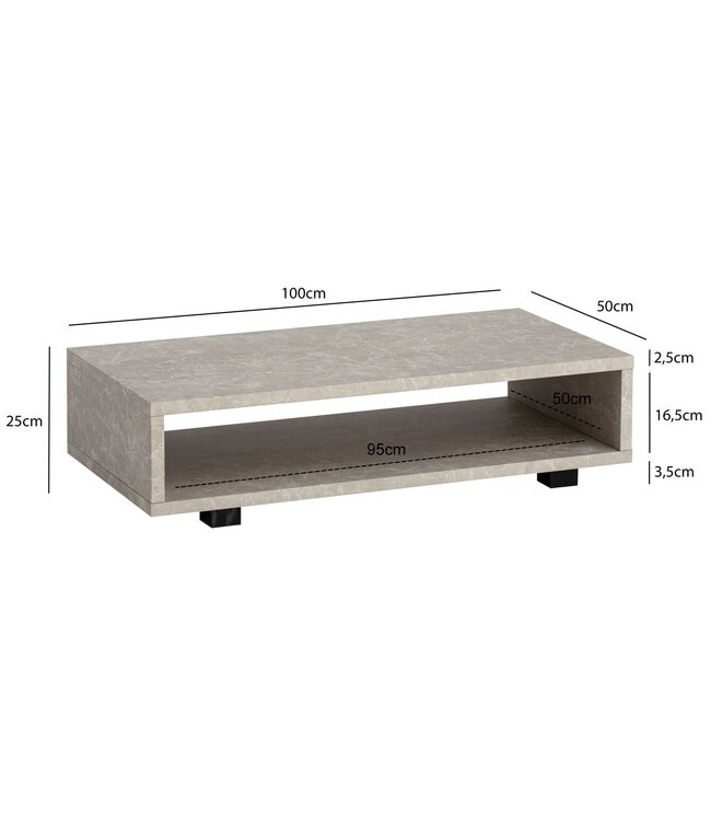Wohnling salontafel 100x50x25 cm zandkleurige salontafel in steenlook modern, design woonkamertafel rechthoekig met opbergruimte, salontafel beige eenvoudig, salontafel groot