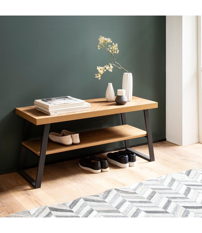 Wohnling schoenenbank 100x41x40 cm kapstokbank eiken decor, visgraatpatroon kleine bank, smalle gangbank met opbergruimte, gangbank gangmeubel met plank