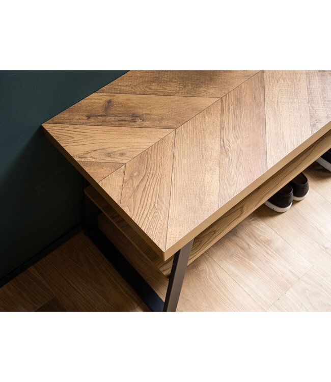 Wohnling schoenenbank 100x41x40 cm kapstokbank eiken decor, visgraatpatroon kleine bank, smalle gangbank met opbergruimte, gangbank gangmeubel met plank