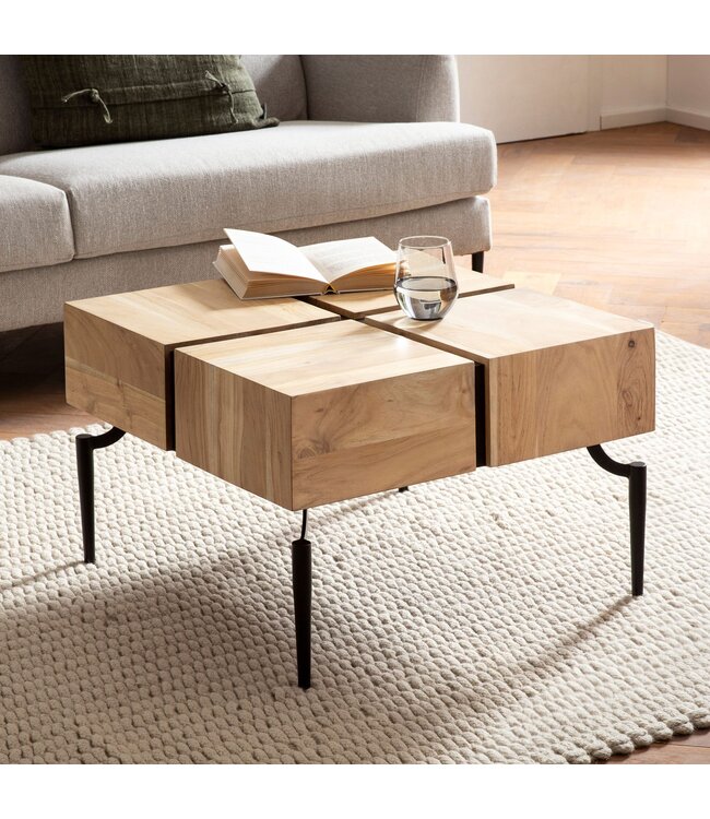 Wohnling salontafel acacia massief hout 60x60x40 cm vierkant met metalen frame, kleine salontafel kubusvorm, woonkamertafel bank modern, salontafel kubus bruin/zwart