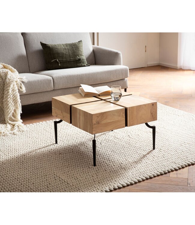 Wohnling salontafel acacia massief hout 60x60x40 cm vierkant met metalen frame, kleine salontafel kubusvorm, woonkamertafel bank modern, salontafel kubus bruin/zwart