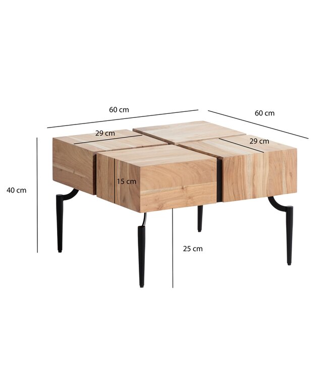 Wohnling salontafel acacia massief hout 60x60x40 cm vierkant met metalen frame, kleine salontafel kubusvorm, woonkamertafel bank modern, salontafel kubus bruin/zwart