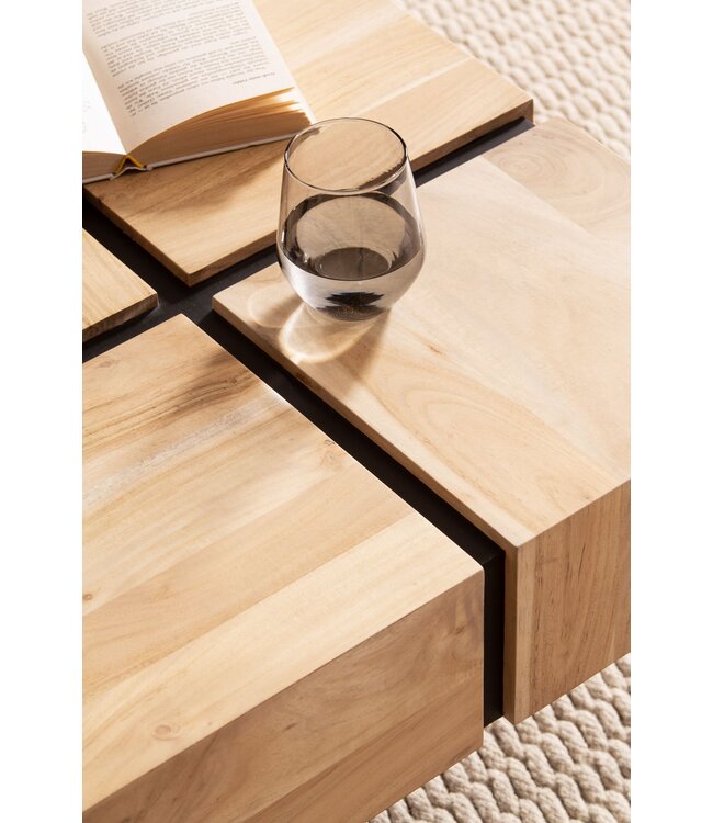 Wohnling salontafel acacia massief hout 60x60x40 cm vierkant met metalen frame, kleine salontafel kubusvorm, woonkamertafel bank modern, salontafel kubus bruin/zwart