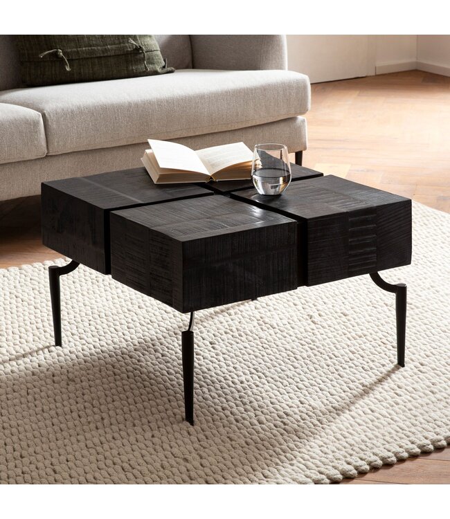 Wohnling salontafel mango massief hout 60x60x40 cm vierkant met metalen frame, kleine salontafel kubusvorm, woonkamertafel bank modern, salontafel kubus zwart
