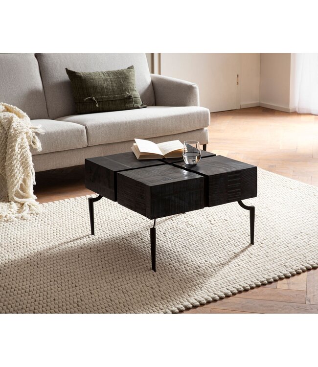 Wohnling salontafel mango massief hout 60x60x40 cm vierkant met metalen frame, kleine salontafel kubusvorm, woonkamertafel bank modern, salontafel kubus zwart