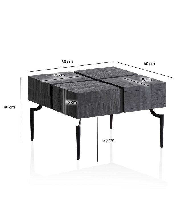 Wohnling salontafel mango massief hout 60x60x40 cm vierkant met metalen frame, kleine salontafel kubusvorm, woonkamertafel bank modern, salontafel kubus zwart