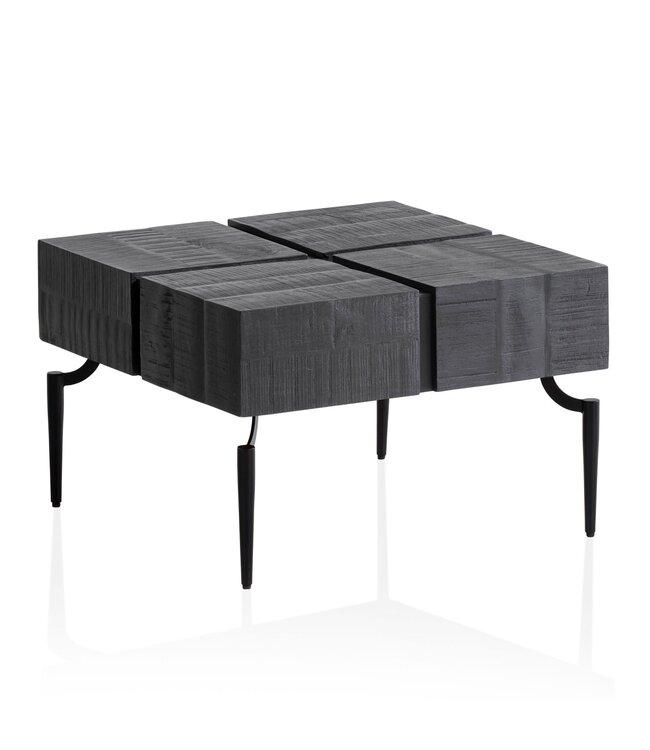 Wohnling salontafel mango massief hout 60x60x40 cm vierkant met metalen frame, kleine salontafel kubusvorm, woonkamertafel bank modern, salontafel kubus zwart