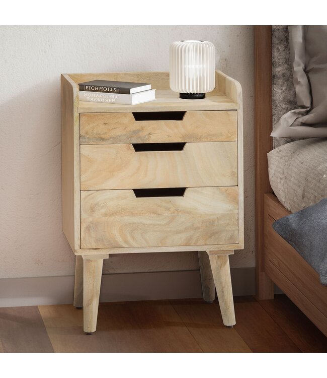 Wohnling nachtkastje mango massief hout lichtbruin 45x33x63 cm nachtkastje boxspringbed, design nachtconsole met 3 lades & opbergruimte, nachtkastje opbergruimte
