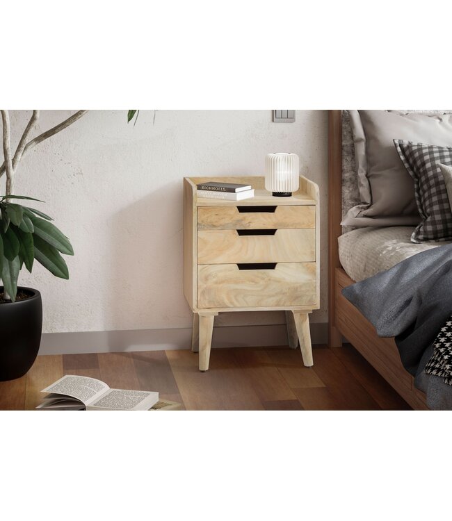 Wohnling nachtkastje mango massief hout lichtbruin 45x33x63 cm nachtkastje boxspringbed, design nachtconsole met 3 lades & opbergruimte, nachtkastje opbergruimte