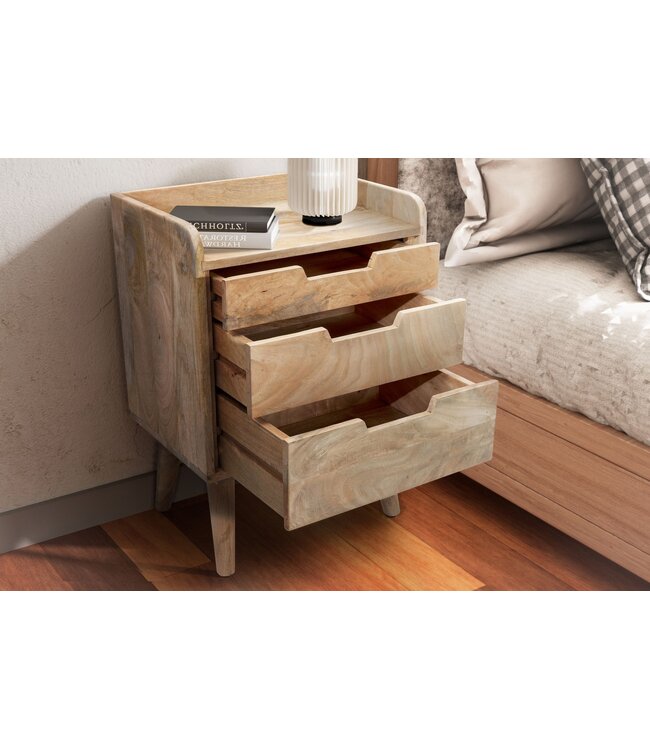 Wohnling nachtkastje mango massief hout lichtbruin 45x33x63 cm nachtkastje boxspringbed, design nachtconsole met 3 lades & opbergruimte, nachtkastje opbergruimte