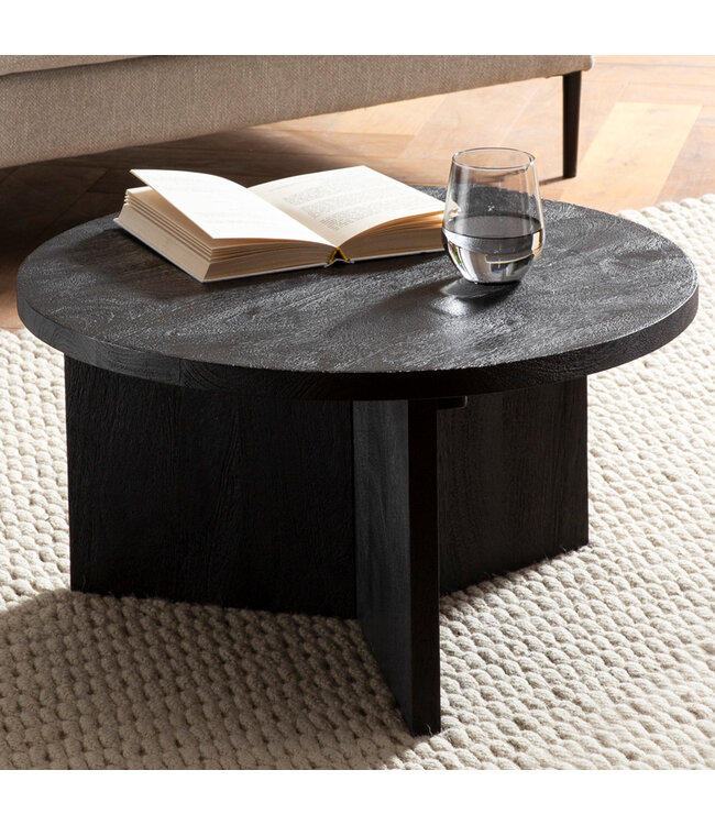 Wohnling salontafel 60x60x33 cm mango massief hout zwarte salontafel rond, design woonkamertafel driepoot, salontafel woonkamer laag modern met natuurlijke houtnerf
