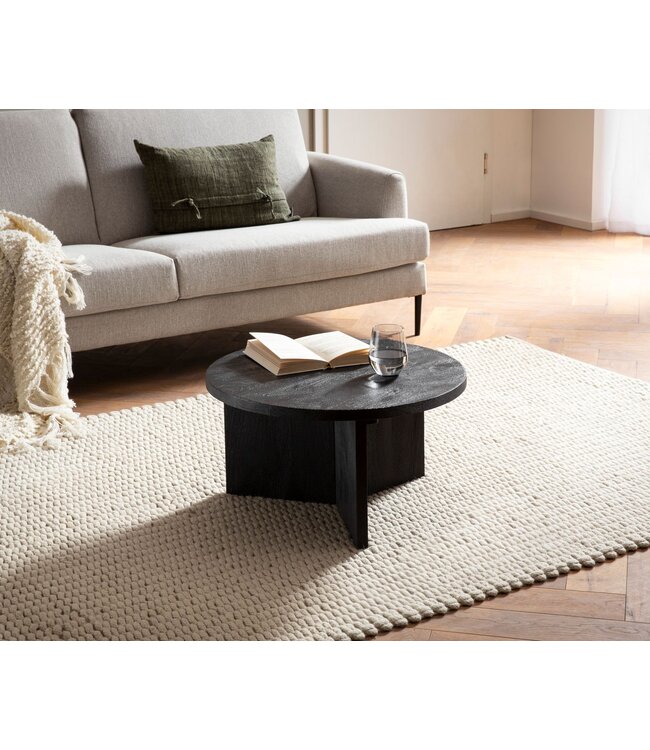 Wohnling salontafel 60x60x33 cm mango massief hout zwarte salontafel rond, design woonkamertafel driepoot, salontafel woonkamer laag modern met natuurlijke houtnerf