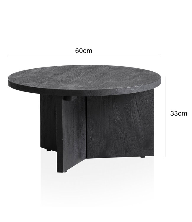 Wohnling salontafel 60x60x33 cm mango massief hout zwarte salontafel rond, design woonkamertafel driepoot, salontafel woonkamer laag modern met natuurlijke houtnerf