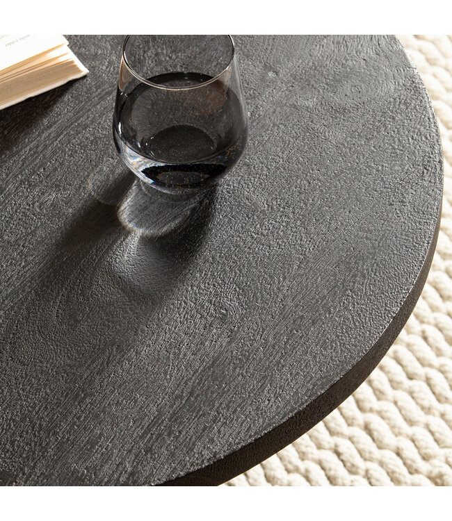 Wohnling salontafel 60x60x33 cm mango massief hout zwarte salontafel rond, design woonkamertafel driepoot, salontafel woonkamer laag modern met natuurlijke houtnerf