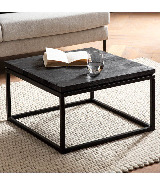Wohnling salontafel 60x60x35 cm mango massief hout / metaal zwart salontafel vierkant, design woonkamertafel met natuurlijke houtnerf, salontafel woonkamer modern