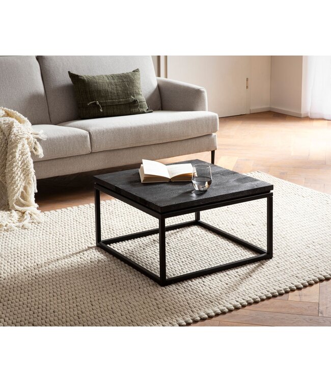 Wohnling salontafel 60x60x35 cm mango massief hout / metaal zwart salontafel vierkant, design woonkamertafel met natuurlijke houtnerf, salontafel woonkamer modern