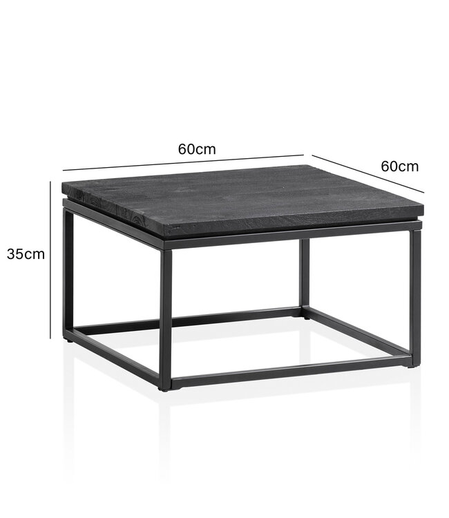 Wohnling salontafel 60x60x35 cm mango massief hout / metaal zwart salontafel vierkant, design woonkamertafel met natuurlijke houtnerf, salontafel woonkamer modern