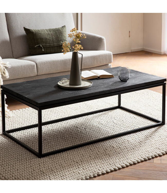 Wohnling salontafel 120x60x40 cm mango massief hout / metaal zwarte salontafel rechthoekig, design woonkamertafel met natuurlijke houtnerf, salontafel woonkamer modern