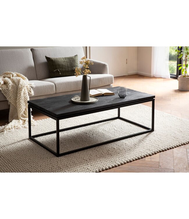 Wohnling salontafel 120x60x40 cm mango massief hout / metaal zwarte salontafel rechthoekig, design woonkamertafel met natuurlijke houtnerf, salontafel woonkamer modern
