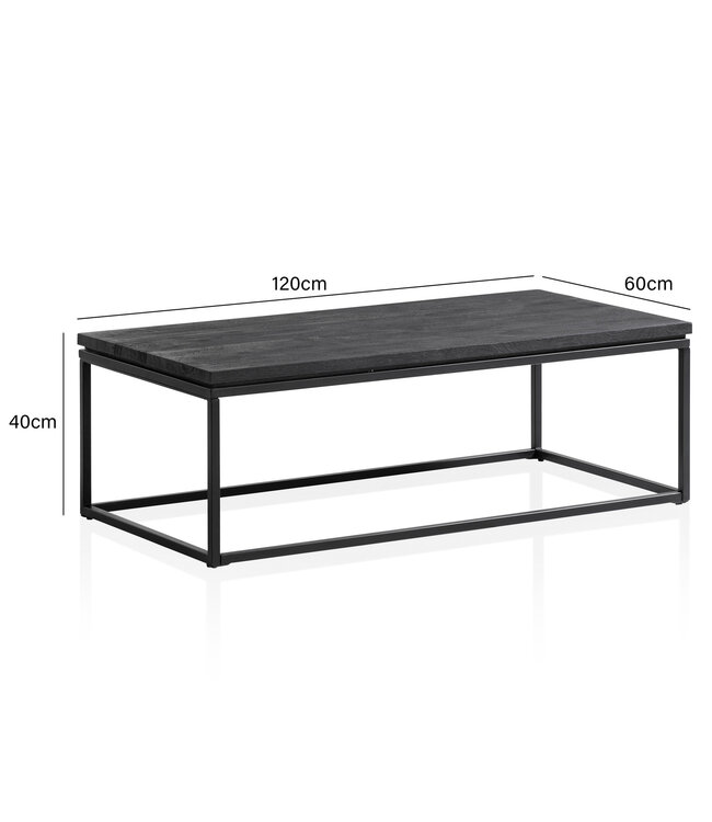 Wohnling salontafel 120x60x40 cm mango massief hout / metaal zwarte salontafel rechthoekig, design woonkamertafel met natuurlijke houtnerf, salontafel woonkamer modern