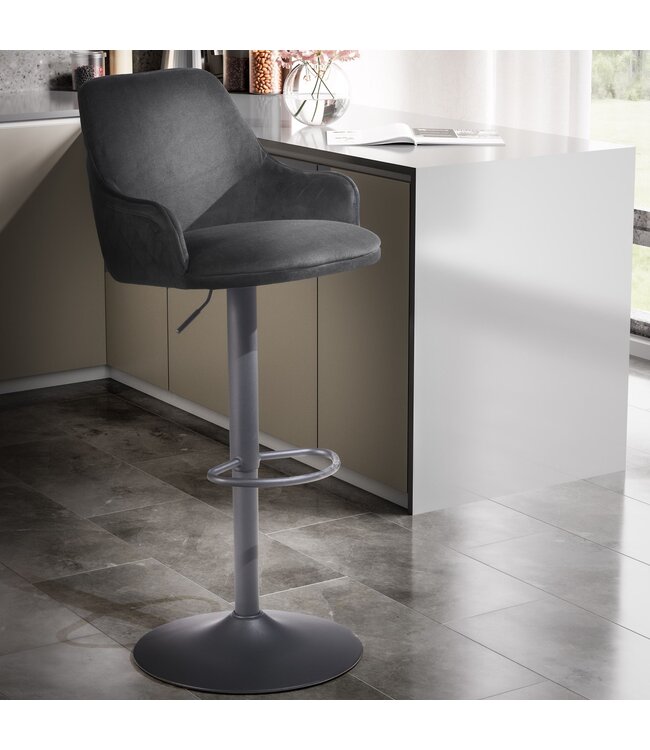 Wohnling barkruk fluwelen zwarte kruk met rugleuning 86 - 106 cm, keukenkruk in hoogte verstelbaar modern 100 kg, barkruk tegenkruk met metalen trompetonderstel, bistrokruk gevoerd met armleuning