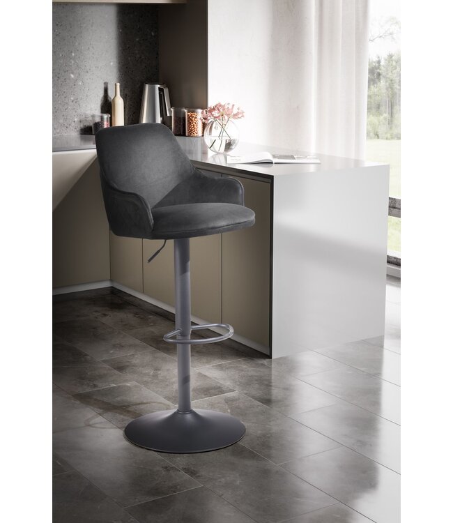 Wohnling barkruk fluwelen zwarte kruk met rugleuning 86 - 106 cm, keukenkruk in hoogte verstelbaar modern 100 kg, barkruk tegenkruk met metalen trompetonderstel, bistrokruk gevoerd met armleuning