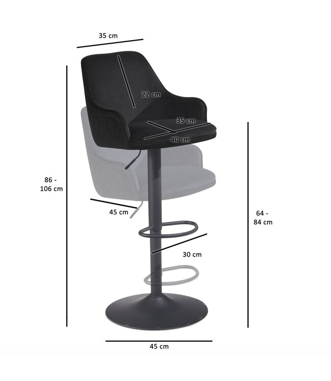 Wohnling barkruk fluwelen zwarte kruk met rugleuning 86 - 106 cm, keukenkruk in hoogte verstelbaar modern 100 kg, barkruk tegenkruk met metalen trompetonderstel, bistrokruk gevoerd met armleuning