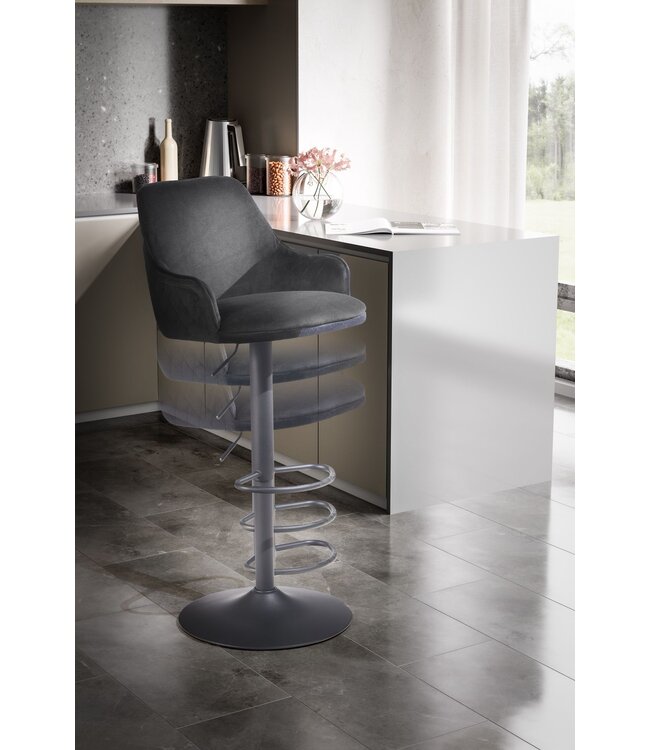 Wohnling barkruk fluwelen zwarte kruk met rugleuning 86 - 106 cm, keukenkruk in hoogte verstelbaar modern 100 kg, barkruk tegenkruk met metalen trompetonderstel, bistrokruk gevoerd met armleuning