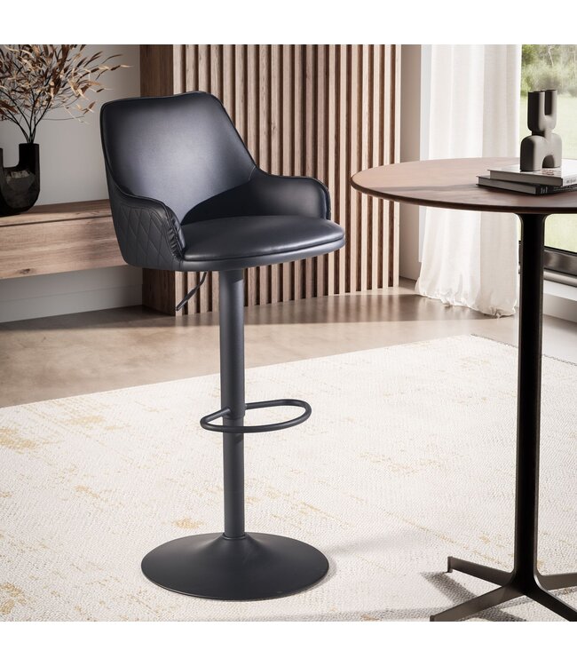 Wohnling barkruk kunstleer zwart kruk met rugleuning 86 - 106 cm, keukenkruk in hoogte verstelbaar modern 100 kg, barkruk tegenkruk met metalen trompetonderstel, bistrokruk gevoerd met armleuning