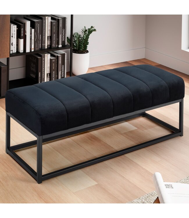 Wohnling bank fluweel zwart 108x40x40 cm hal gestoffeerde bank met metalen frame, design bedbank slaapkamer gewatteerd, gangbank kledingkast bank modern