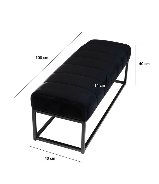 Wohnling bank fluweel zwart 108x40x40 cm hal gestoffeerde bank met metalen frame, design bedbank slaapkamer gewatteerd, gangbank kledingkast bank modern