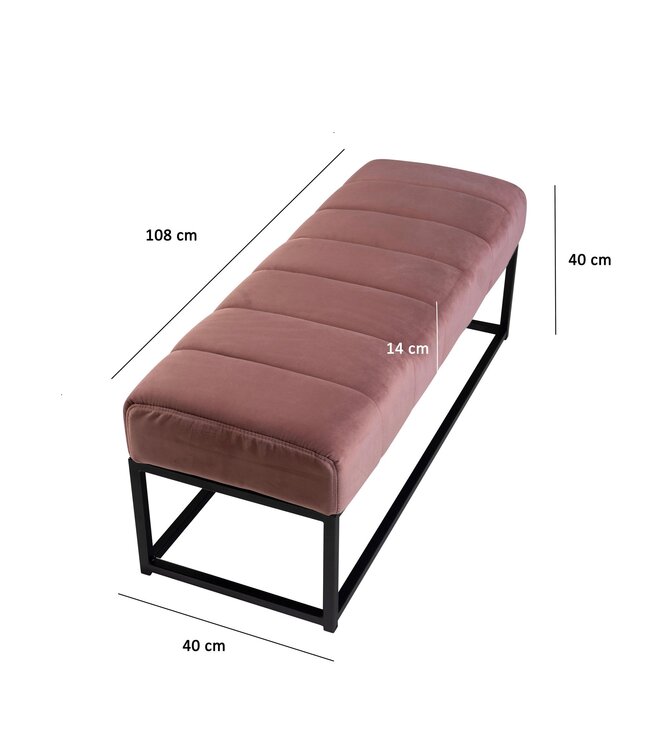 Wohnling bank fluweel roze 108x40x40 cm hal gestoffeerde bank met metalen frame, design bedbank slaapkamer gewatteerd, gangbank kledingkast bank modern