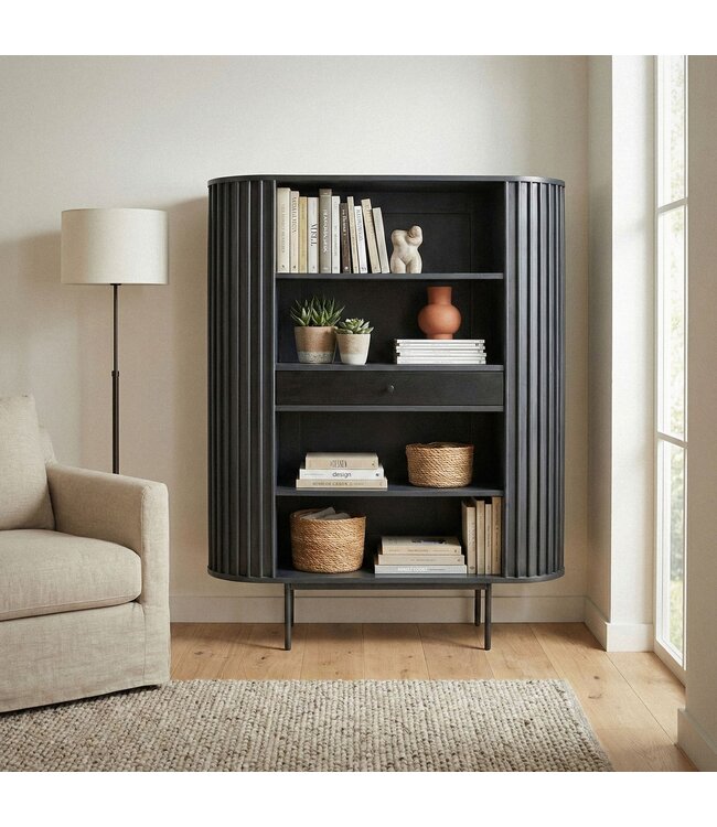 Wohnling Boekenkast Massief Hout Mango 105x122 cm Lamellen Design Zwart - Open Staand Rek met Lade - Opbergrek Metalen Poten - Woonkamerrek - Kleine Kast Rek Handgemaakt